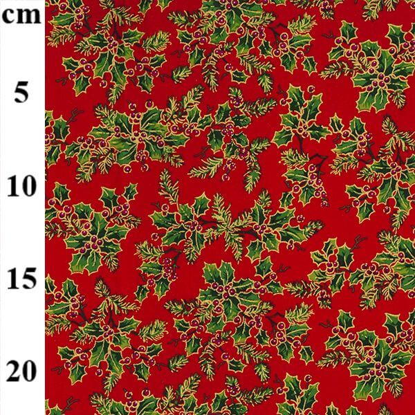 Pure Cotton Christmas Cotton Prints Green and Gold Holly Berries on Red P20