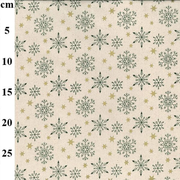 Pure Cotton Christmas Cotton Prints Green Snowflakes on Natural