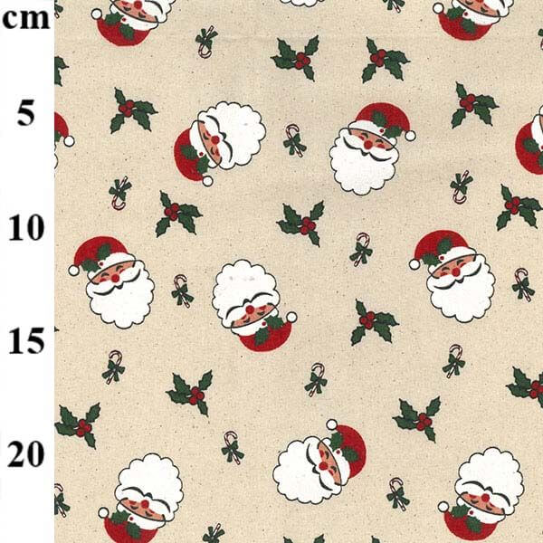 Pure Cotton Christmas Cotton Prints Santa Heads, Holly and Candy canes on Natural