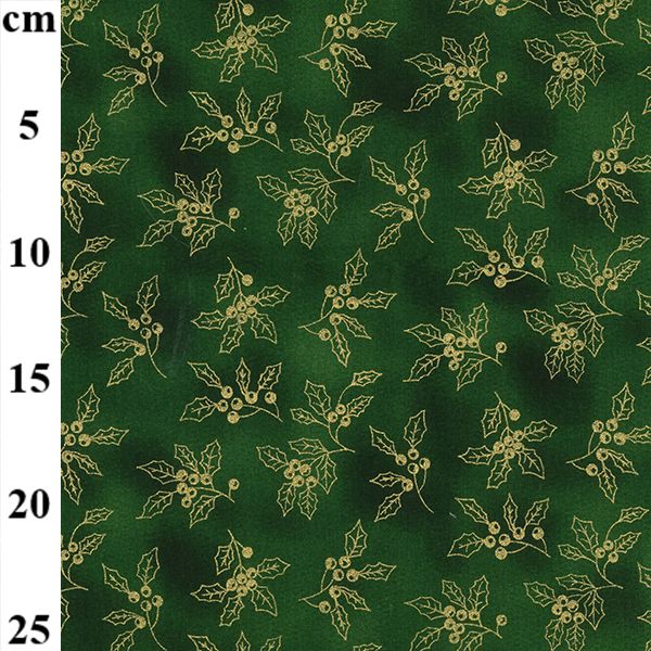 Pure Cotton Christmas Metallic Cotton Prints Holly Leaves Berries Gold 