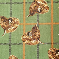 Pure Cotton Craft The Highlands by Littondale Highland Cow Head Tossed On Green Check 804-04