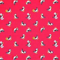 Pure Cotton Prints Childrens and Animal Prints Puffins on Pinky Red