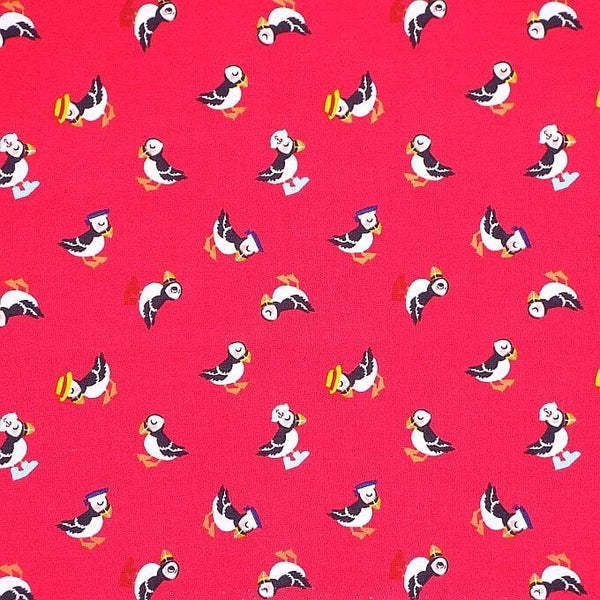 Pure Cotton Prints Childrens and Animal Prints Puffins on Pinky Red