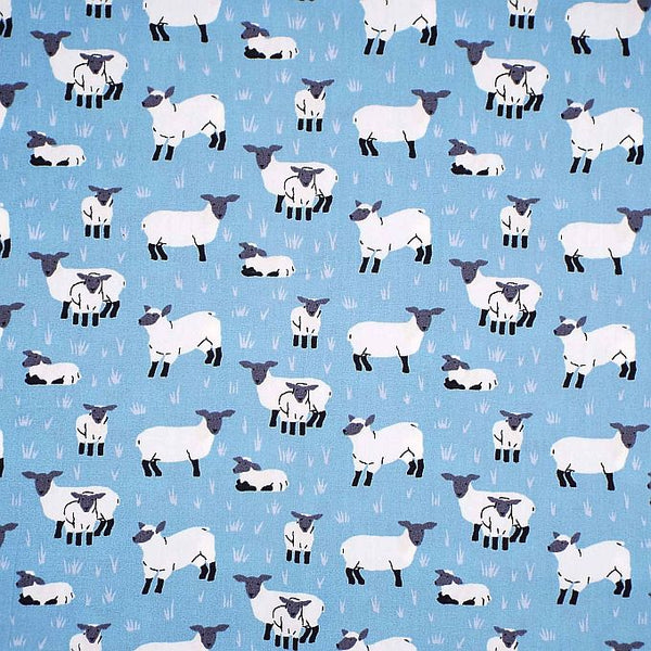 Pure Cotton Prints Childrens and Animal Prints Sheep and Lambs Blue Wide Width Poplin